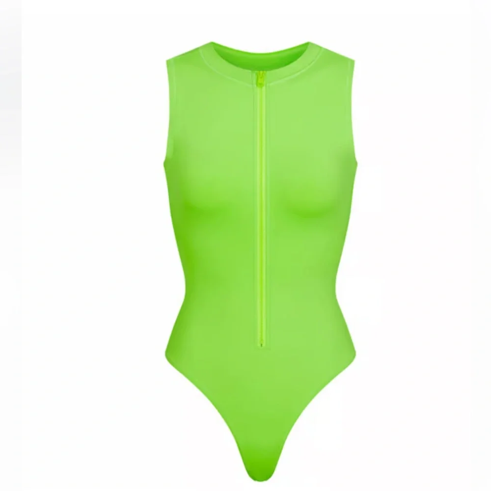 💚SKIMS SIGNATURE SWIM ZIP FRONT SLEEVELESS SWIMSUIT NEON GREEN 4X